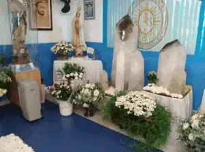 Vibrant altar with religious statues, flowers, and sacred stones, symbolizing divine energy and healing power, representative of distance energy healing practices and spiritual connection.